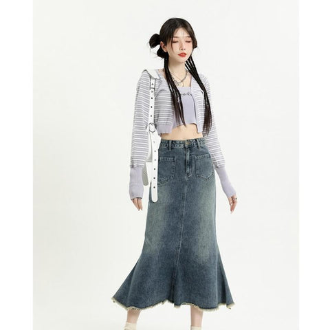 Women Nostalgic Denim Slim Wrap Hip Skirt-WF00352-Veeddydropshipping