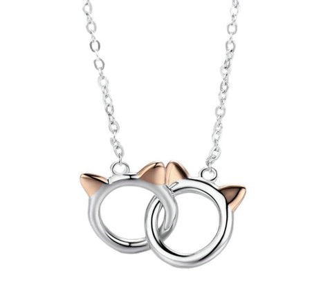925 Sterling Silver Double Circles Pet Cat Pendant Necklace -JW01233-Veeddydropshipping