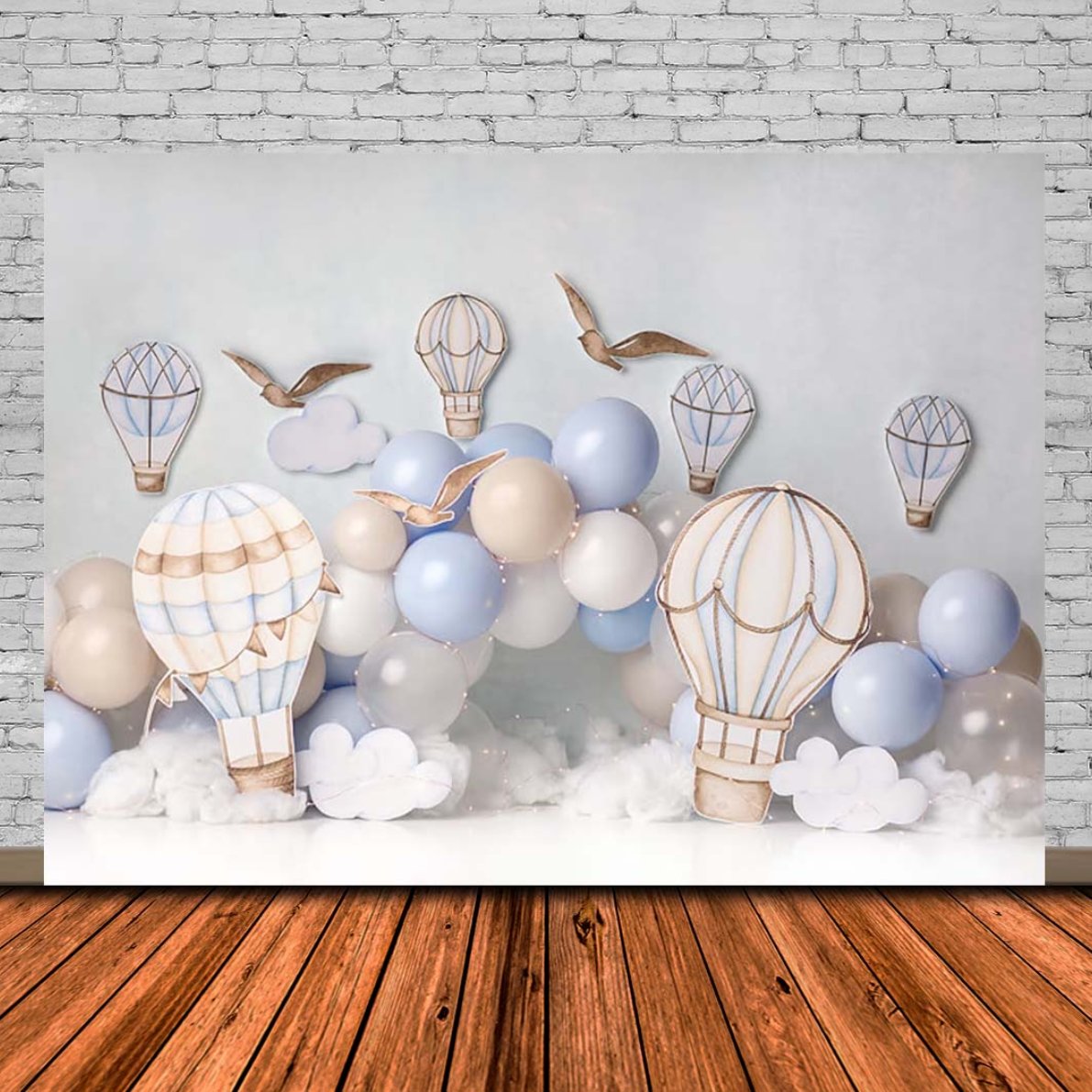 Birthday Backdrop Blue Sky White Clouds Hot Air Balloons Stars Kids-CE00419-Veeddydropshipping