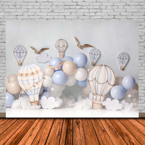 Birthday Backdrop Blue Sky White Clouds Hot Air Balloons Stars Kids-CE00419-Veeddydropshipping