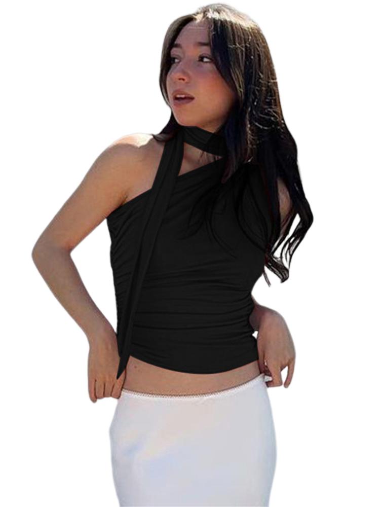 Shoulder Halter Tank Tops Women Vintage Sleeveless Crop Top-Veeddydropshipping