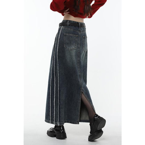 Women Denim Skirt Casual High Waist Slit Jean-WF00419-Veeddydropshipping