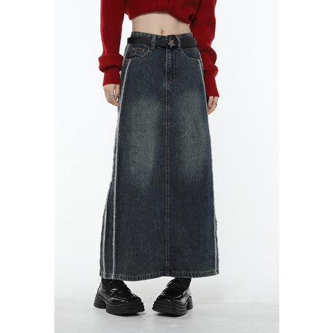 Women Denim Skirt Casual High Waist Slit Jean-WF00419-Veeddydropshipping